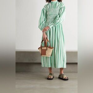Ganni Kelly Green and White Striped 100% Cotton Poplin Dress